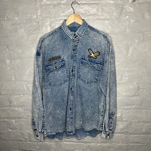 Camisa vaquera vintage del ejército de EE. UU. para hombre azul bolsillo en el pecho bordada L/XL - Imagen 1 de 11