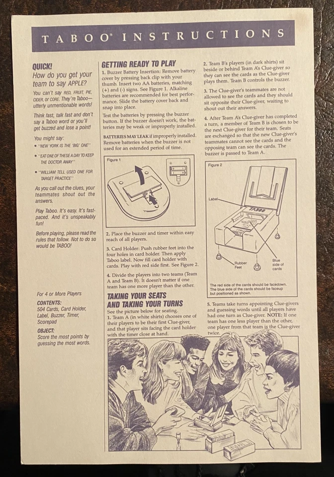 Vintage 1989 Taboo Game Instructions. - Image 1 of 1