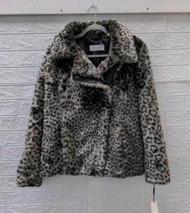 New Calvin Klein Leopard Print Faux Fur Moto Coat Size L - Picture 1 of 4