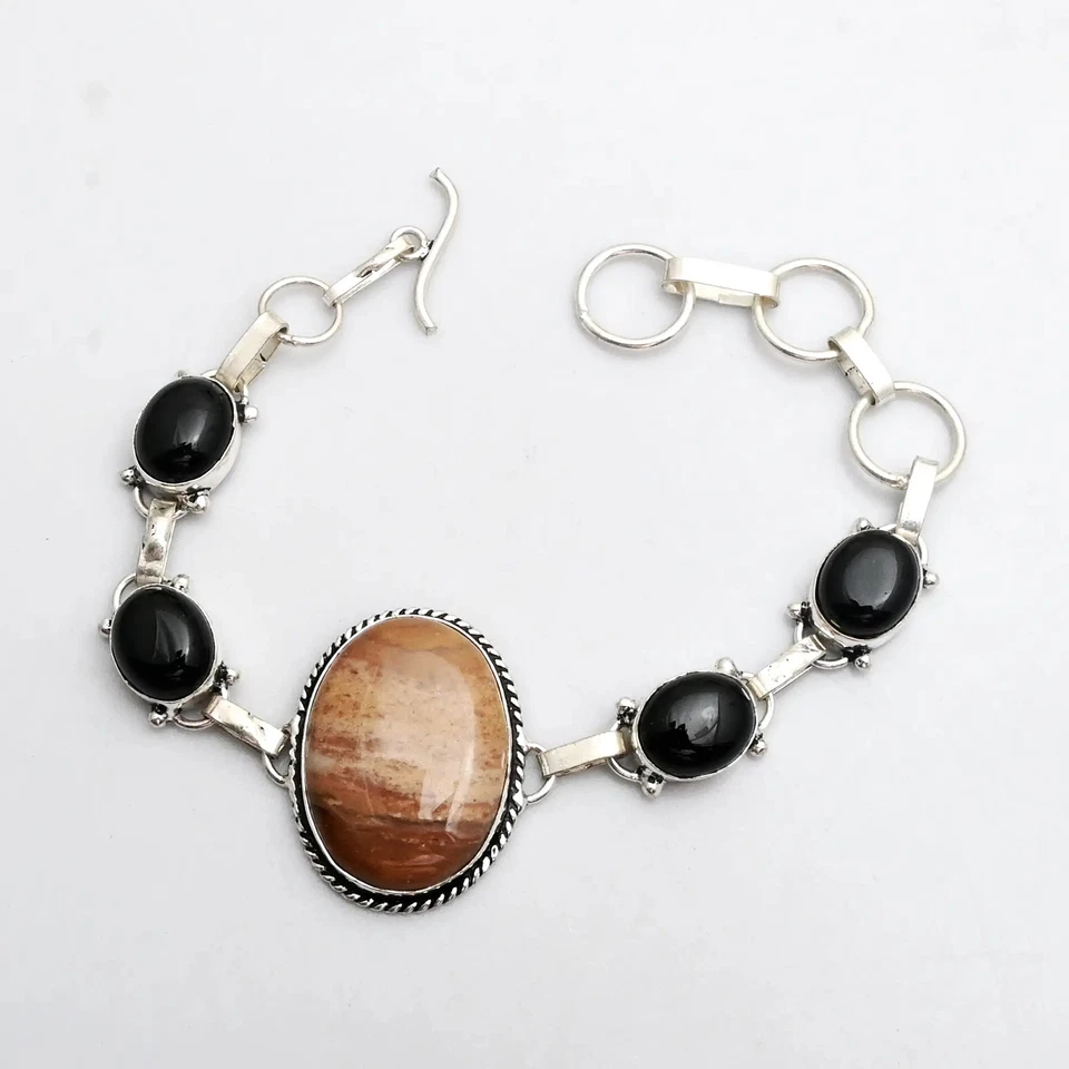 Pulsera hecha a mano con piedras preciosas de ónix negro jaspe arco iris rojo 25 Gms AB 25057 Foto 1 de 1