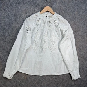 Camicetta Sezane donna taglia UK 14 bianco avorio 100% cotone ricamo colletto arricciato - Foto 1 di 8