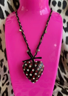 Betsey Johnson Vintage School Girl Red & Black Gingham Lucite Heart Necklace - Image 1 of 4