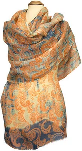 Schal 100% Leinen, bedruckt Sommer scarf multicolor linen summer Blau Orange - Picture 1 of 2