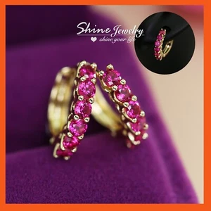 Womens Girls Hot Barbie Pink Crystal Hoop 9K GOLD Filled Huggie SLEEPER EARRINGS - Bild 1 von 6