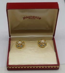 PENDIENTES DE PERLAS Y DIAMANTES DE IMITACIÓN JOYERÍA MAJORICA ESTATE VINTAGE CAJA ORIGINAL - Imagen 1 de 7