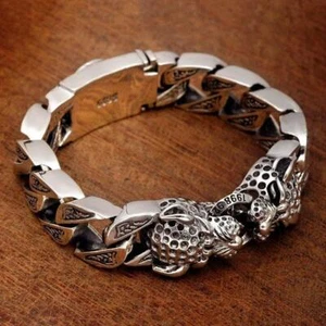 Sterlingsilber Herren Leopard Pferdeschwanz gewebt Doppel Leopardenkopf Armband - Bild 1 von 15