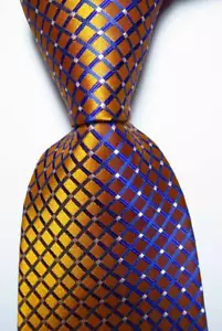 New Classic Checks Gold Blue White JACQUARD WOVEN 100% Silk Men's Tie Necktie - Picture 1 of 2