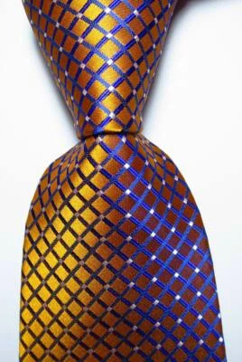 New Classic Checks Gold Blue White JACQUARD WOVEN 100% Silk Men's Tie Necktie - Image 1 of 2