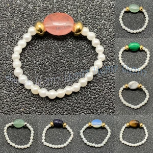 3-4mm Natural White Freshwater Pearl Gem Circle Adjustable Elastic Stretch Rings - Picture 1 of 22