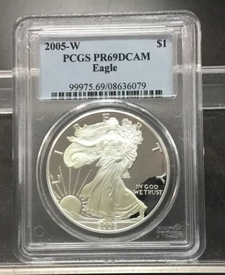 2005 W PROOF SILVER EAGLE PCGS PR69 DCAM GOLDEN TONING by SUN - Image 1 of 4
