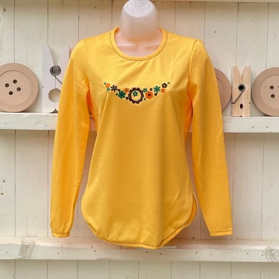 Vintage Yellow Top Embroidered Floral Motif 70s Crimplene Bust 32” ExSt Michael  - Image 1 of 4