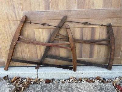 "2 sierras de arco Buck antiguas de colección primitivas rústicas decoración de cabaña herramienta de granja hoja de 28""" Foto 1 de 4