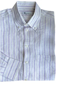 MORESCHI-Long Sleeve Button Front Striped Linen Shirt-Size 16.5/42-Italy Rare - Picture 1 of 5