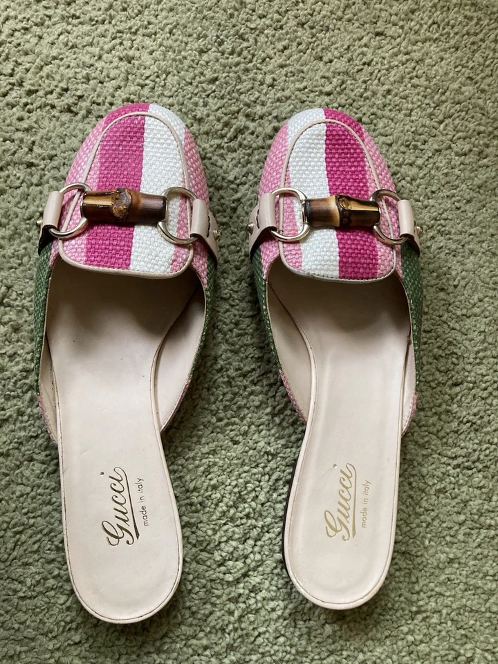 GUCCI Bambú Horsebit Mules Rosa Blanco Verde Rayas Lona Talla 7.5B Italia Foto 1 de 4