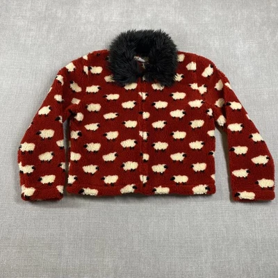 Painted Pony Jacket Womens Small Red Sheep Pattern Faux Fur Collar Made USA Cozy - Image 1 of 4