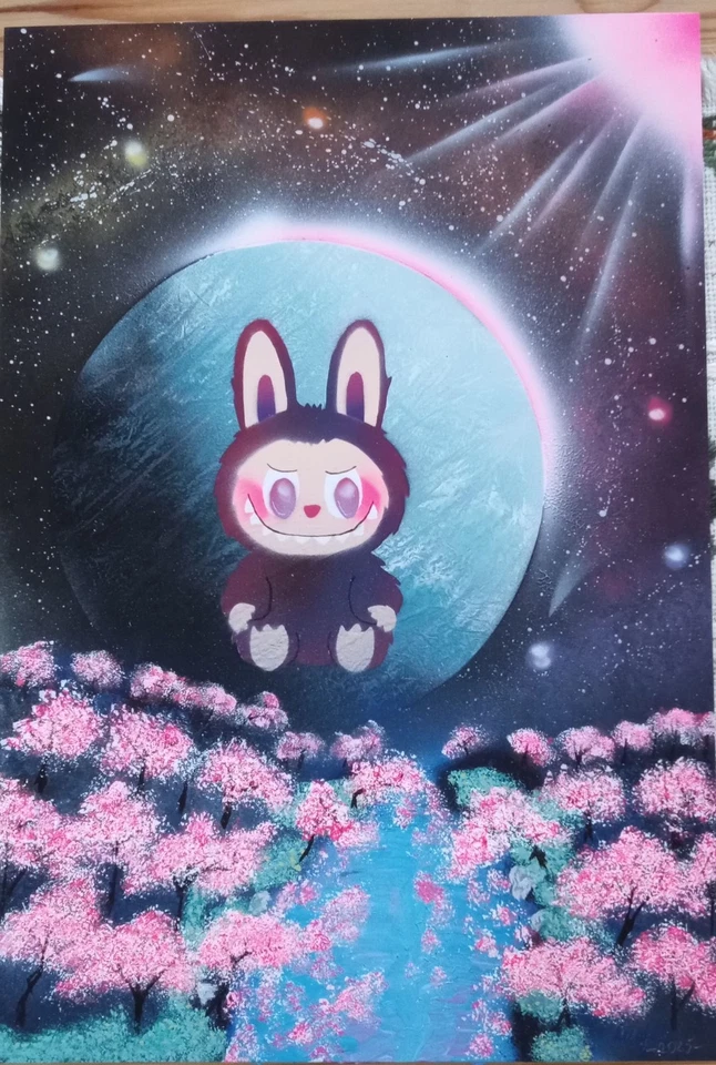 Arte original pintado a mano Labubu POP MART inspirado. Spray 13x19" ÚNICO arte de pared. Foto 1 de 4