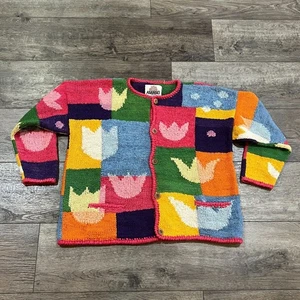 Vintage Amano 100% Wool Hand-Knit Patchwork Cardigan Sweater Multicolor Size 38 - Picture 1 of 8