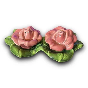 Vintage Pink Flower Salt & Pepper Shakers with Leaf Tray - 3 Piece Porcelain Set - Picture 1 of 3