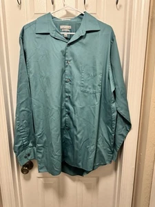 Men's 17 34/35 Van Heusen Lux Sateen Teal Regular Fit Button-Down Dress Shirt - Picture 1 of 12