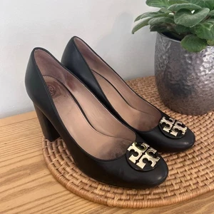 Tory Burch Janey Block Heel Pump Shoes Sz 10.5 Black Leather Classic Business - Picture 1 of 9