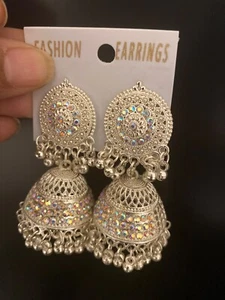 Earrings Silver Bollywood Indian Pakistani Traditional Jewelry Jhumka Women - Picture 1 of 4
