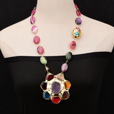 25'' Natural Mix color Agate Stone Shell Pearl Necklace Big Gems Pearl Pendant - Image 1 of 4