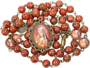 Collana Rosario Perline Pietra Diaspro Rosso con Cuore Epossidico Miracoloso Perline Metallo - Foto 1 di 6