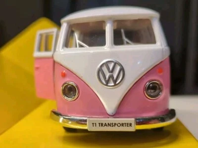 Coche modelo diecast 1:32 VW Volkswagen Bus rosa blanco con soporte y apertura de caja  Foto 1 de 4