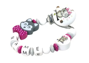 Schnullerkette mit Namen Eule Fuchs Mädchen Baby weiss pink Holz handgefertigt - Bild 1 von 8