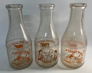 (3) VINTAGE QUART MILK BOTTLE CENTRAL DAIRY CO. ROCKFORD ILLINOIS - Picture 1 of 10