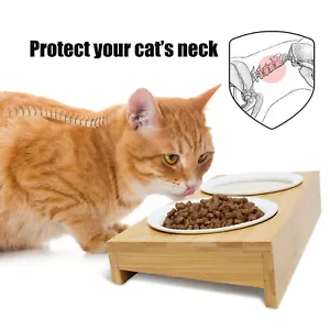 Double Ceramic Elevated Cat Bowls Stand Raised Food & Water Feeding Dog Dishes - Picture 1 of 11