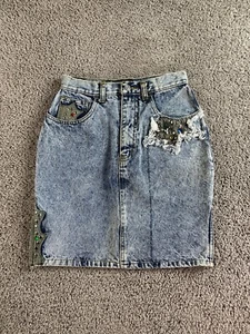 VINTAGE 90s American Dakota Blue Skirt Womens 7 Blue Denim Studded Grunge Rocker - Picture 1 of 12