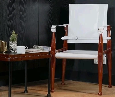 Authentic Models Bridle Leather Campaign Chair, Honey Wood White Leather, New - Image 1 of 4