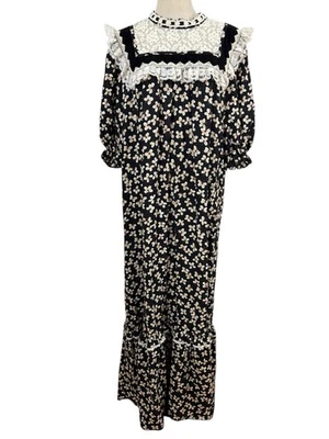 Vtg 80s Sun Babies Hawaii Muu Muu Prairie Maxi Black Floral Lace Hawaiian 2XL  - Image 1 of 4