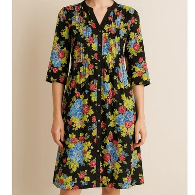 J Peterman Black Floral Pleated Dress Medium Cottagecore Trad Modest Romantic - Image 1 of 4