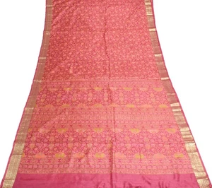 Sushila Vintage Floral Pink Saree Pure Silk Printed With Woven Border Fabric - Picture 1 of 9