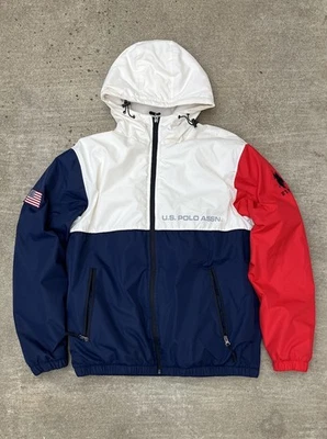 US Polo Assn USA Puffer Jacket Red White Blue Hooded Size M Warm Waterproof  - Image 1 of 4