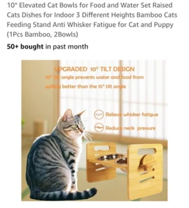 Bamboo Elevated Cat/Small Dog Bowl Stand with Stainless Steel Bowls - Picture 1 of 6