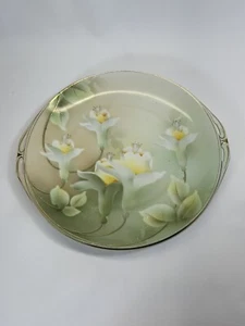 Antique B.T. Co. Germany Handled Porcelain Cake Plate White Lilies Gold Trim 10" - Picture 1 of 12
