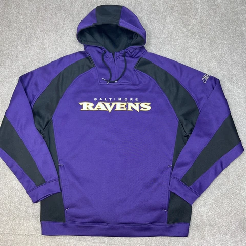 Reebok Baltimore Ravens Hoodie Mens Large Pullover Purple Spell Out Stretch Cover