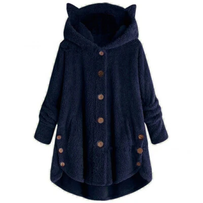 Women Coat 2024 Fashion Irregular Cat Ears Plush Top Button Hooded Solid Color - Image 1 of 4