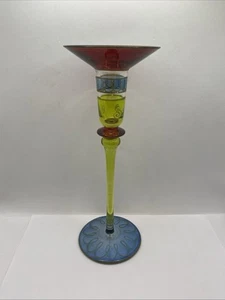 Pier 1 Kerzenständer Halter Kegel Rubin Grün Blau Streifen Goldrand - Bild 1 von 8