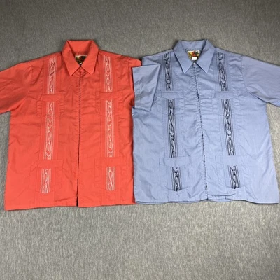 Haband Guayabera Shirts (2) Men’s Large Blue +  Salmon Full-Zip Embroidered Cuba - Image 1 of 4