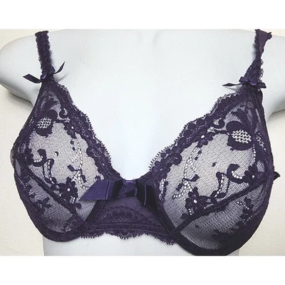 Sujetador de encaje púrpura oscuro etiqueta dorada Victoria's Secret años 90 de colección sin forro con cable 34B EE. UU. Foto 1 de 4