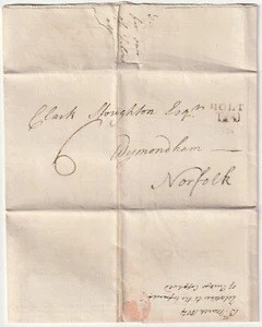 1804 HOLT 124 BOXED MILEAGE PMK LETTER T? GIRDLESTONE TO WYMONDHAM RE COPYHOLDS - Picture 1 of 4