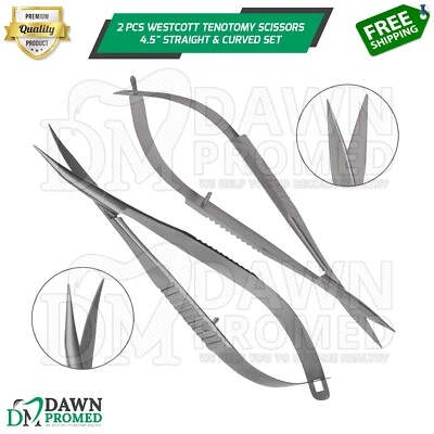 2 Pcs Westcott Tenotomy Scissors 4.5" Straight & Curved Eye Instruments Set - Image 1 of 4
