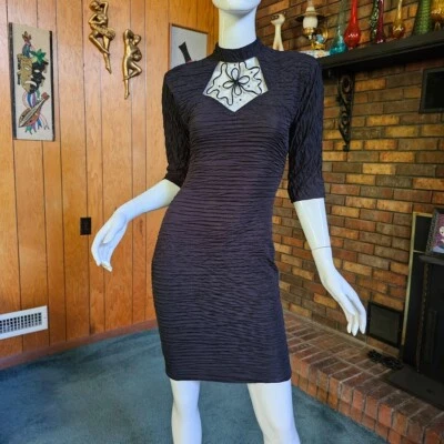 Vtg 80s Goth Punk Fishnet Spiderweb Coffin Crinkle Backless Cocktail Dress XS/S - Image 1 of 4