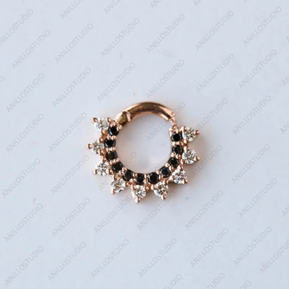 Natural Balck & White Diamond Septum Clicker, Daith Earring Piercing in 18k Gold - Image 1 of 4