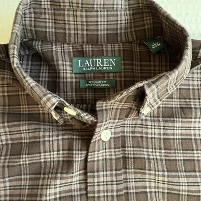 Ralph Lauren Men S Long Sleeve Plaid Preppy Brown Black Cotton Embroider Stretch - Image 1 of 4