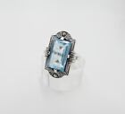 ART DECO Damenring Ring Silber 830  Gr. 53 mit Markasit blauer Glasstein